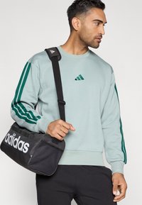 Gaiši zaļš kapucis ar zaļām svītrām uz piedurknēm un izšūtu logo. Melna sporta soma ar baltu logo un teksturētiem akcentiem.