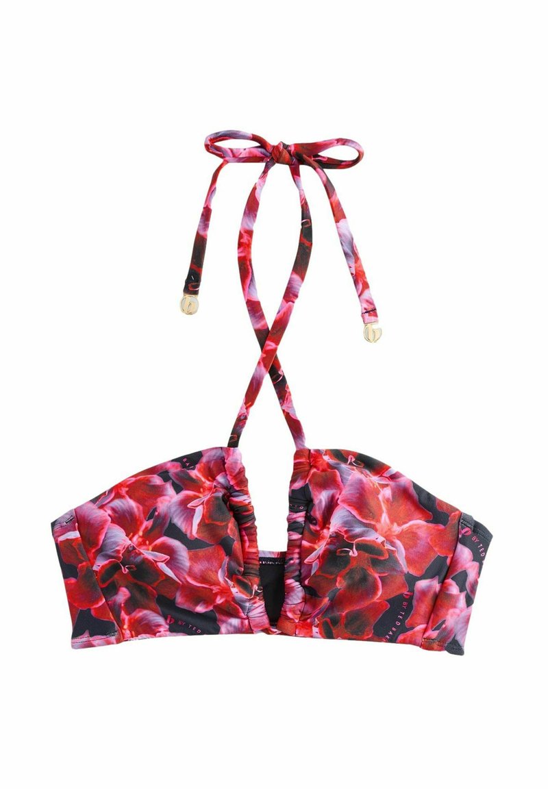 Bloemenbikinitop met rode en zwarte stof, voorzien van een striksluiting en een geplooid ontwerp. Gladde textuur met gouden accenten op de strikken.