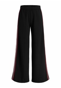 Crne široke hlače s elastičnim pojasom i bočnim prugama u boji burgundca. Tkanina izgleda glatko s lepršavim dizajnom.