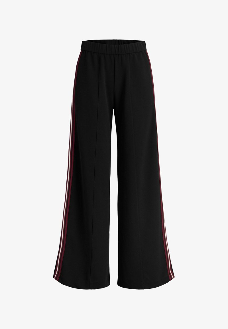 Crne široke hlače s elastičnim pojasom i bočnim prugama u boji burgundca. Tkanina izgleda glatko s lepršavim dizajnom.