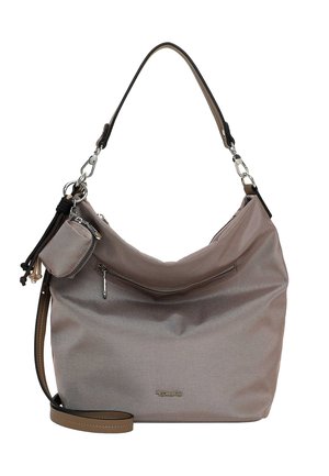 Taupe stof skuldertaske med en enkelt skulderrem, for-lynlåslomme, lille påsat pung og aftagelig crossbody rem.