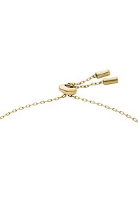 Gold chain necklace featuring an oval link design and a circular clasp, with two textured hardware accents.