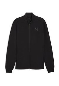 Sort fuld-zip jakke med lange ærmer, opretstående krave og lille grå Puma-logo på venstre bryst.