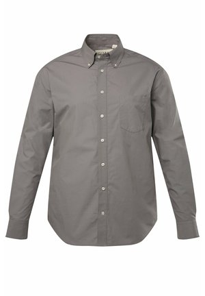 Graues Baumwollhemd mit langen Ärmeln, Knopfkragen, Brusttasche und Knopfverschluss. Glatte Textur und klassischer Schnitt.