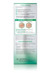 Green and white packaging for a gel-like serum. Front displays product benefits in bold. Back lists ingredients and efficacy details with visual results.