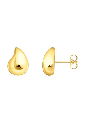 Glatt polierte, goldene Ohrstecker in Tropfenform mit Schmetterlingsverschluss, dargestellt von vorne und seitlich.