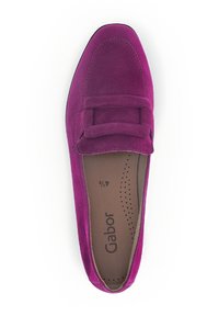 Fuchsia suede loafer with a bow accent, flat design, and rounded toe. Interior features perforated insole with brand name "Gabor."
