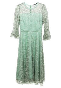 Robe vert menthe mi-longue avec superposition en dentelle florale, manches cloche trois-quarts, encolure ronde et fermeture éclair au dos.