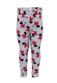 Szare legginsy z powtarzającym się wzorem Myszki Mickey i Myszki Minnie, podkreślone czarnymi i czerwonymi akcentami, wykonane z miękkiego, elastycznego materiału.