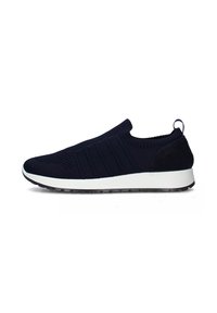 Sneaker navy slip-on con tomaia in maglia testurizzata, suola intermedia bianca e suola in gomma nera. Presenta un pannello per il sollevamento per una facile vestibilità.