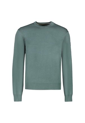 Pullover trui in gedempt teal, vervaardigd uit zachte stof. Heeft een geribbelde boord en manchetten, een ronde halslijn en subtiele schouderdetails.