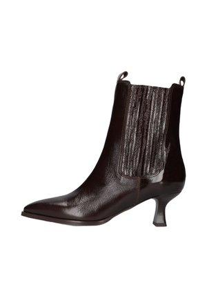 Dark brown leather ankle boot with pointed toe, elastic side panel, pull tabs, and low curved heel.