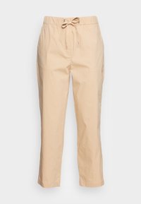 Pantaloni beige leggeri in misto cotone con vita elasticizzata e coulisse. Gambe diritte e corte con tasche laterali. Texture liscia.