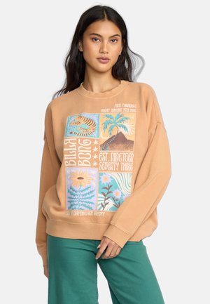 Lichtbruine sweatshirt met een relaxte pasvorm, voorzien van meerkleurige grafische prints van de natuur en tekst in retro stijl. Gemaakt van een katoenmix.