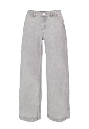 Lichtgrijze wijde spijkerbroek met steekzakken aan de voorkant, riemlussen en een knoopsluiting.