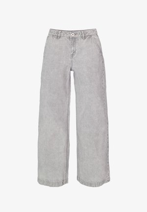 Hellgraue Jeans mit weitem Bein, Fronttaschen, Gürtelschlaufen und einem Knopfverschluss.