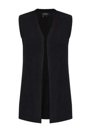 Vestă fără mâneci, din tricot negru cu model rib, cu front deschis și decolteu în V, croială ajustată, de la brandul Usha, mărimea XS/S.