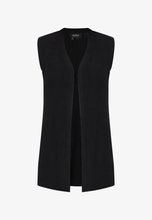 Mouwloos zwart geribd gebreid vest met open voorkant en V-hals, getailleerde pasvorm van het merk Usha, maat XS/S.