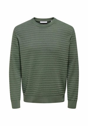 Grünes, strukturiertes Strick-Sweatshirt mit langen Ärmeln und rundem Ausschnitt. Das Muster besteht aus kleinen erhabenen Quadraten und ist mit gerippten Bündchen versehen.