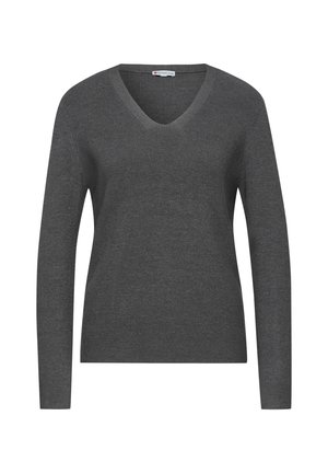 Suéter gris de punto con cuello en V, mangas largas y textura acanalada. Tejido suave con un diseño casual, adecuado para llevar en capas.