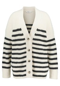 Gestreepte cardigan in crème en donkergrijs, gemaakt van een gestructureerde brei-stof. Heeft een V-hals, verlaagde schouders en een sluiting met vier knopen.