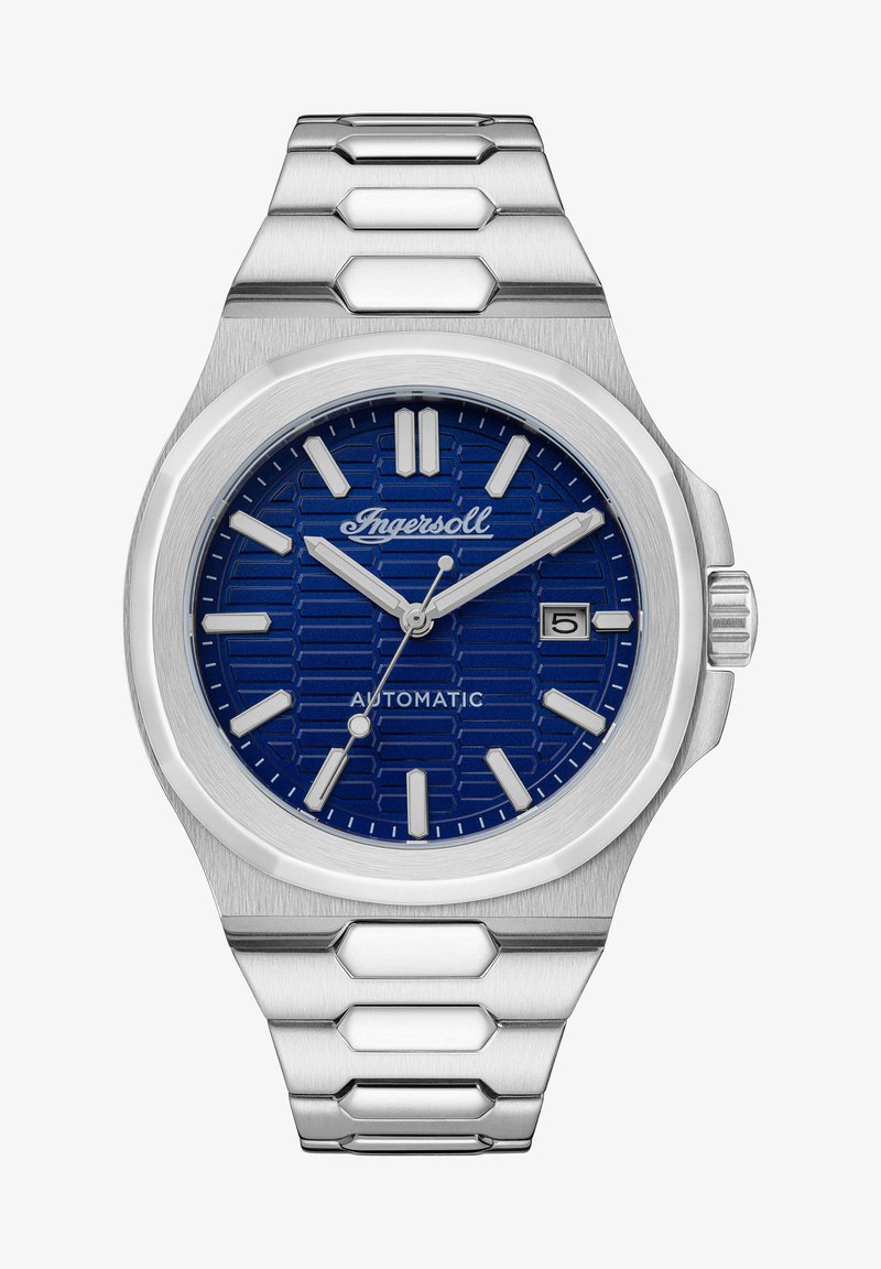 Automatyczny zegarek ze stali nierdzewnej z niebieską tarczą w heksagonalny wzór, srebrnymi wskazówkami, funkcją daty oraz bransoletą w formie ogniwa.