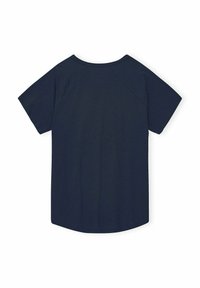 Temno modra kratka majica s krojem skozi vrat, s raglan rokavi, prikazana zadaj na beli podlagi.