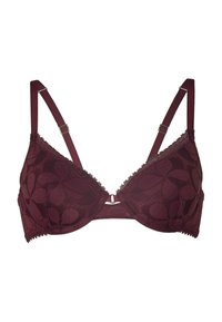 Reggiseno in pizzo bordeaux con motivo floreale, spalline regolabili e una piccola chiusura frontale. Dettagliato con bordi scallop e una texture delicata.