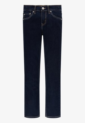 Jean bleu foncé droit avec poches avant, passants de ceinture et fermeture par bouton sur fond blanc.