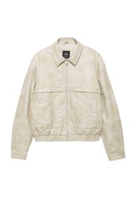 Giacca beige chiaro in morbida ecopelle. Presenta un collo con rever, chiusura a zip, orlo elastico e due tasche frontali.