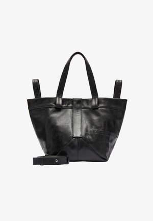 Schwarze Leder-Shopper-Tasche mit strukturierter, kantiger Form. Verfügt über zwei obere Griffe und einen abnehmbaren Schulterriemen. Subtil geprägtes Branding-Detail.