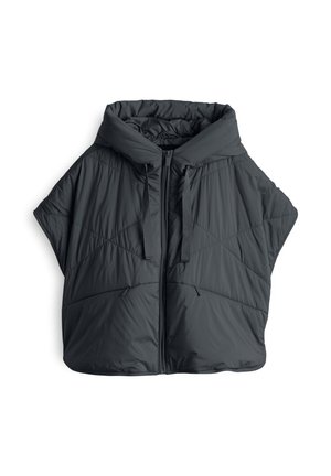 Puffige schwarze Oberbekleidung mit Kapuze, ausgestattet mit einem diamantgefüllten Muster, einem Frontreißverschluss und verstellbaren Kordeln an der Kapuze.