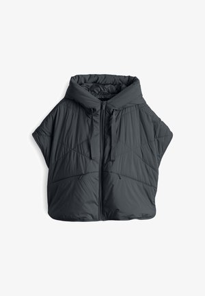 Puffige schwarze Oberbekleidung mit Kapuze, ausgestattet mit einem diamantgefüllten Muster, einem Frontreißverschluss und verstellbaren Kordeln an der Kapuze.