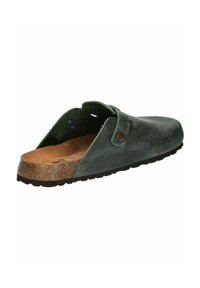 Green suede slip-on shoe with a cork footbed and textured rubber sole. Features a rounded shape and a side strap with a metal button detail.