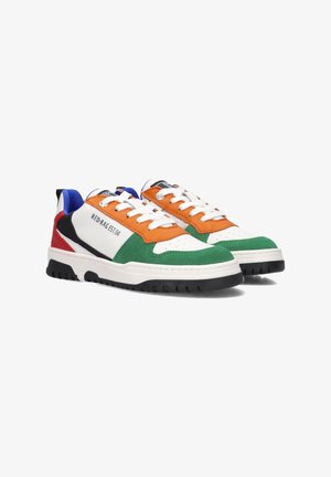 Colorful sneakers featuring a mix of white leather, green suede, and orange accents. Thick black rubber sole and white laces.