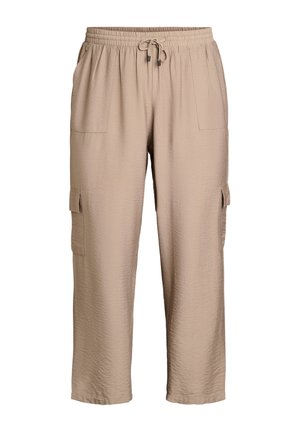 Beige, leichte Cargo-Hosen mit elastischem Bund, Kordelzug, Seitentaschen und lockerer Passform. Texturiertes Gewebe mit dezentem Muster.