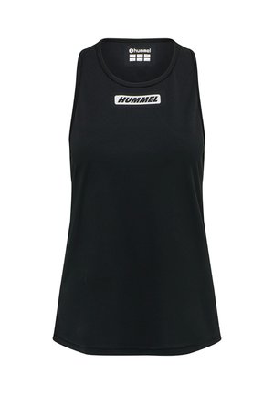 Schwarzes ärmelloses Sporttop mit "HUMMEL"-Logo zentriert auf der Brust und kleinerer Markenkennzeichnung innen am Kragen.