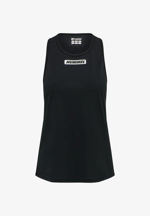Schwarzes ärmelloses Sporttop mit "HUMMEL"-Logo zentriert auf der Brust und kleinerer Markenkennzeichnung innen am Kragen.