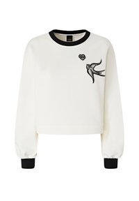 Felpa corta bianca con dettagli neri, scollo rotondo e ricami di rondine e cuore sul davanti. Tessuto dalla texture morbida.