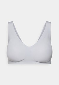 Αδιάκοπο ανοιχτό γκρι ασύρματο σουτιέν με φαρδιές τιράντες και διαμορφωμένα κύπελλα, σχεδιασμένο για άνεση και ομαλή υποστήριξη.