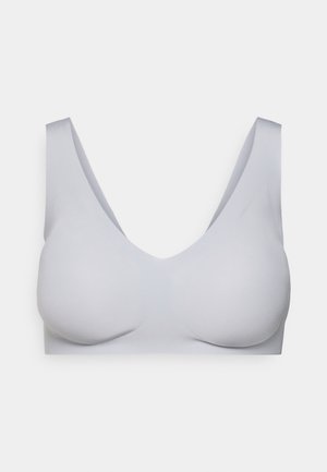 Vienoda šviesiai pilka belaidė liemenėlė su plačiomis petnešėlėmis ir formuotomis kaušeliais, sukurta komfortui ir sklandžiam palaikymui.