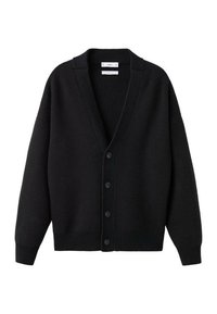 Czarny sweter z dzianiny z dekoltem w serek, prążkowanymi mankietami i dołem. Posiada sześć guzików z przodu, luźny krój i szerokie rękawy.