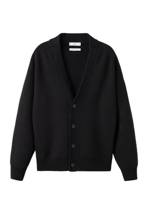 Cardigan negru tricotat cu decolteu în V, manșete și tiv ribbed. Dispune de șase butoane la față, cu o croială lejeră și mâneci largi.