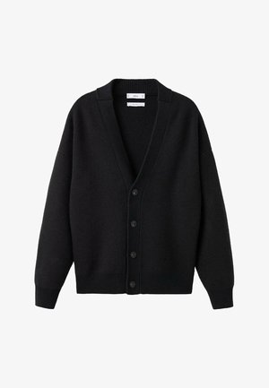 Cardigan negru tricotat cu decolteu în V, manșete și tiv ribbed. Dispune de șase butoane la față, cu o croială lejeră și mâneci largi.