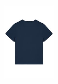 T-shirt bleu marine à manches courtes fabriqué dans un tissu doux, avec un col rond, une coupe droite et sans motifs ni graphiques visibles.