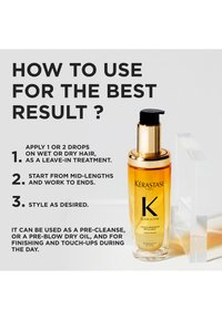 Kérastase Elixir Ultime in een doorzichtige fles met een zwarte pompdeksel; gouden vloeistof erin; tekst op een lichte achtergrond met gebruiksinstructies.