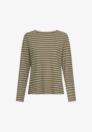 Oliven grøn langærmet skjorte med hvide vandrette striber. Rund halsudskæring og afslappet pasform. Bemærkelsesværdige detaljer inkluderer et lille emblem ved kanten.