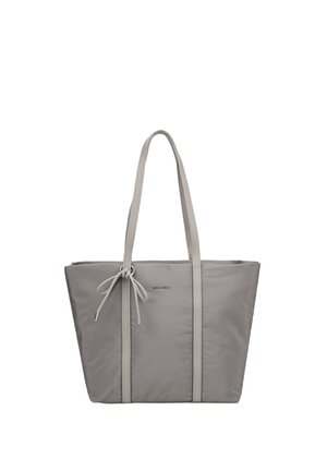 Sac cabas gris avec longues anses, détail nœud à l’avant et logo subtil, conçu pour un usage quotidien.