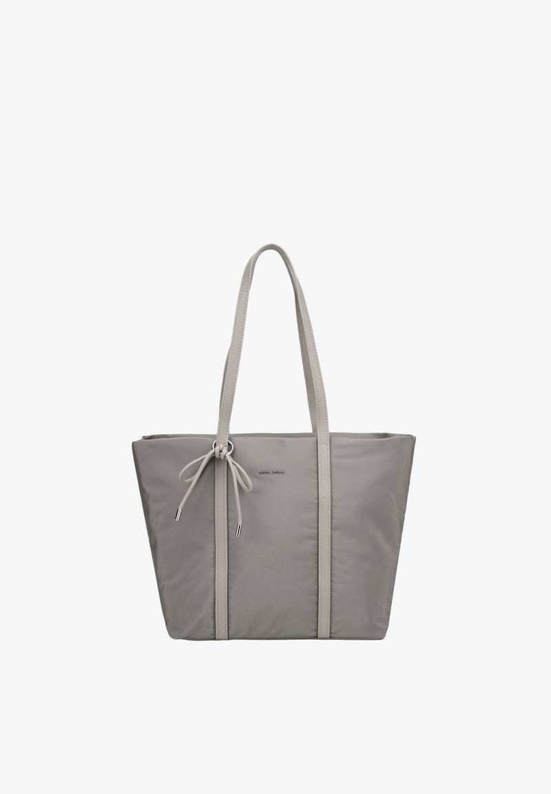 Sac cabas gris avec longues anses, détail nœud à l’avant et logo subtil, conçu pour un usage quotidien.