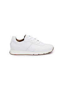 Hvide lædersneakers med rund tå, seks snørehuller og gummisål. Har et minimalistisk design og en diskret detalje med side-stikninger.